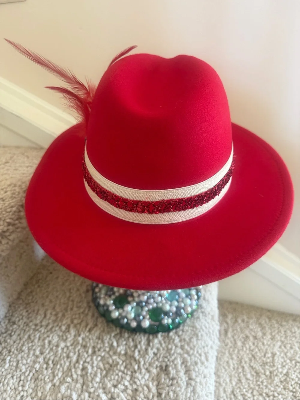 Red Women's Fedora Hat with Sequin Band